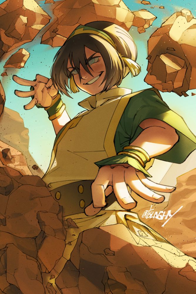 Ilustração da Toph, da série animada Avatar: The Last Airbender, "dobrando" pedra ao redor dela