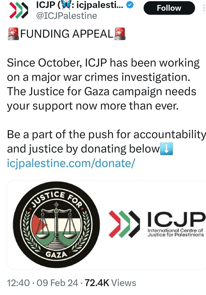 🚨FUNDING APPEAL🚨 

Since October, ICJP has been working on a major war crimes investigation. The Justice for Gaza campaign needs your support now more than ever. 

Be a part of the push for accountability and justice by donating below⬇️
icjpalestine.com/donate/