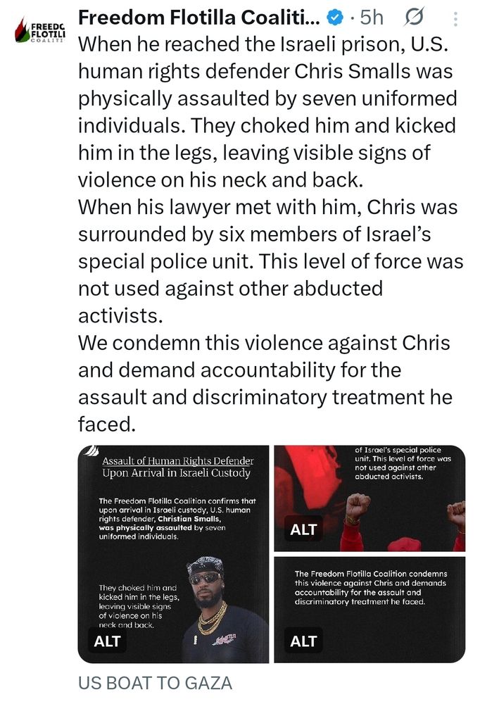 US human rights defender Chris Smalls violently assaulted by seven uniformed individuals. This level of force was not used against any of the other activists on the Handala.