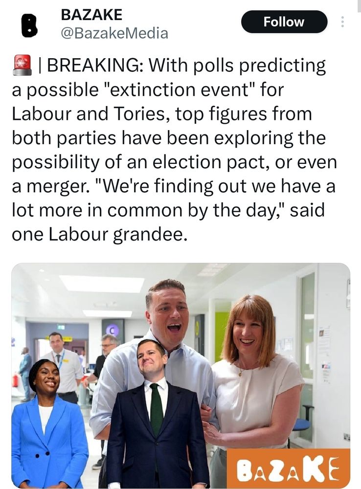 Labour and Tories exploring election pact at next election or even a merger. 