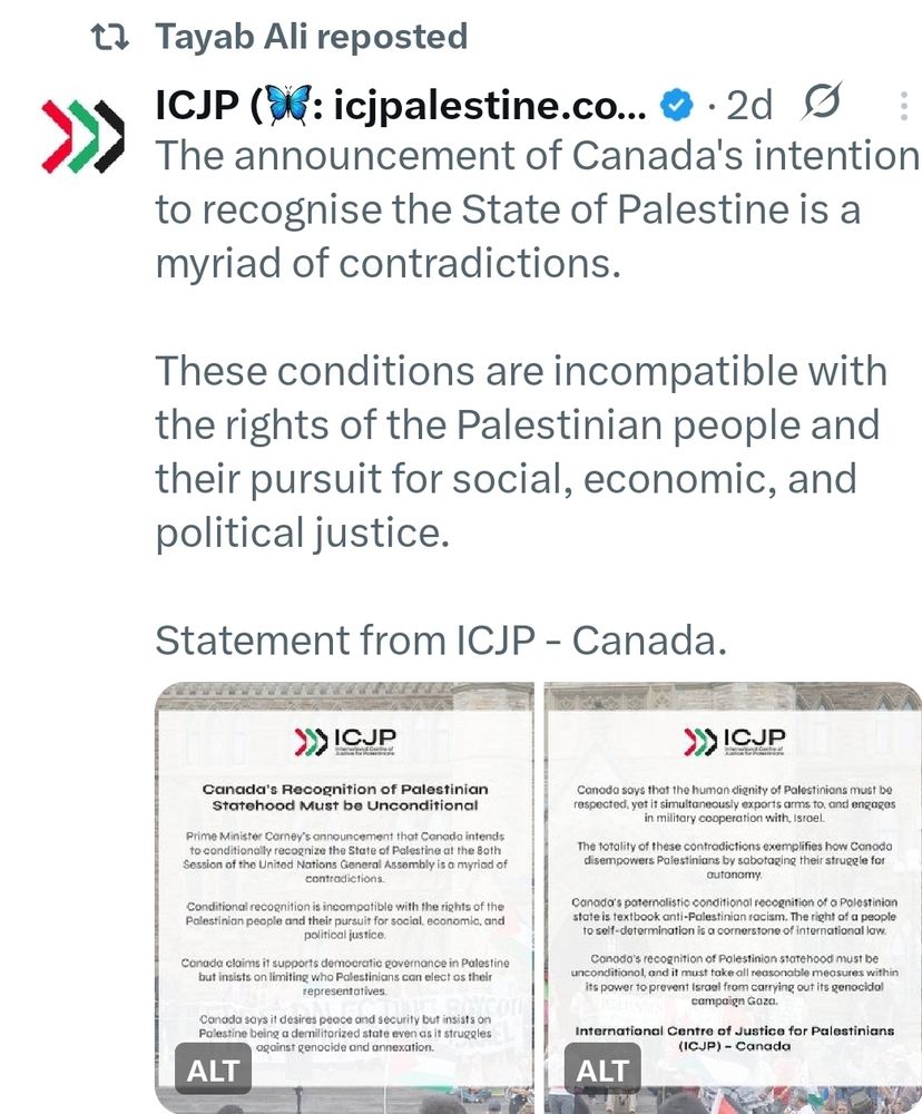 The announcement of Canada's intention to recognise the State of Palestine is a myriad of contradictions.

These conditions are incompatible with the rights of the Palestinian people and their pursuit for social, economic, and political justice.

Statement from ICJP - Canada.