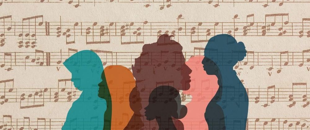 Silhouettes of five people in different colours layered over a background of sheet music, representing diversity in music and composers from varied backgrounds.