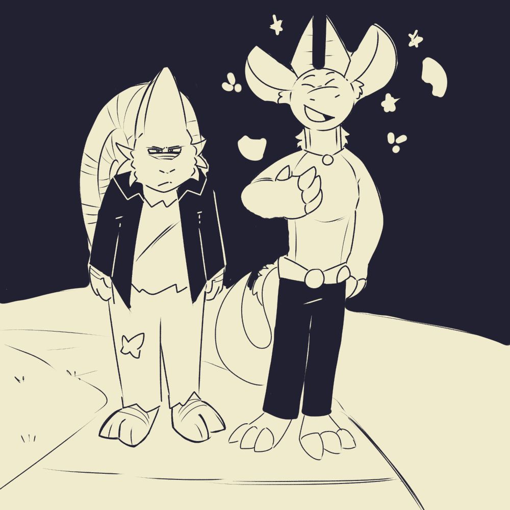 Clayton the Chameleon and Sam the Dragon. Clayton is grumpy, and Sam is cheerful.

0825 2025 sot art sam clayton chameleon dragon sketches