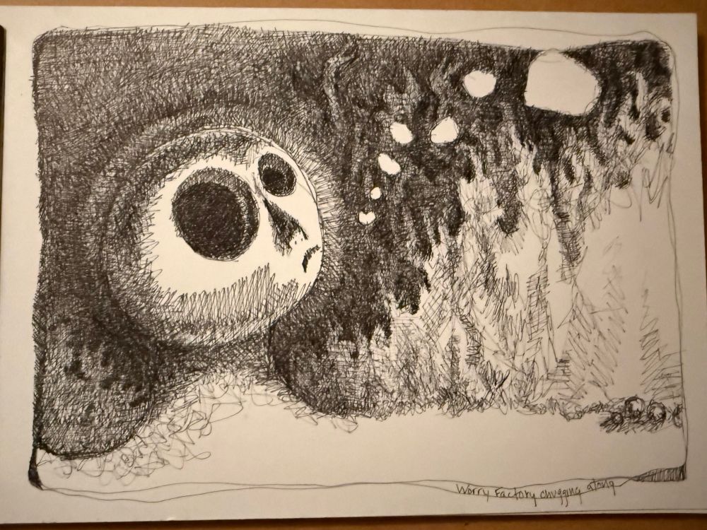 black and white pen drawing of surreal worried head with flames in background, empty thought bubbles, unsure if done.