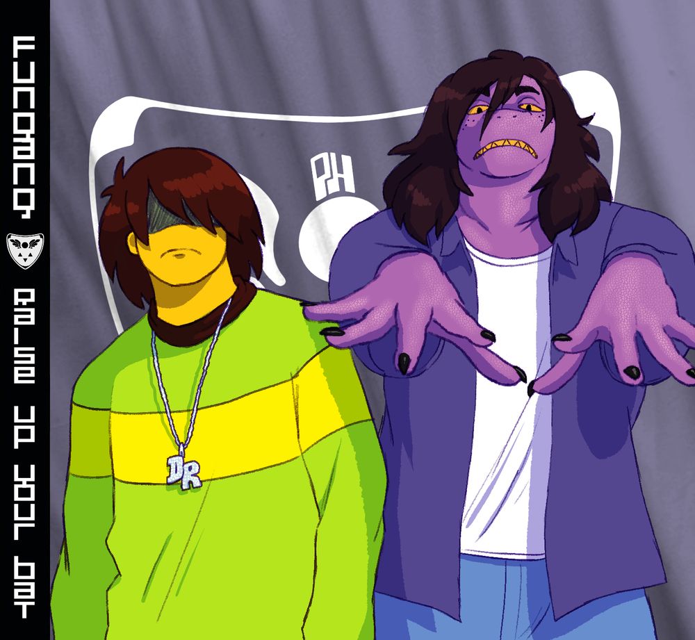 Kris and Susie from Deltarune posing like the members of Outkast on the album cover for Stankonia; The words "Outkast" and "Stankonia" on the left are replaced with Fungang and Raise Up Your Bat respectively.