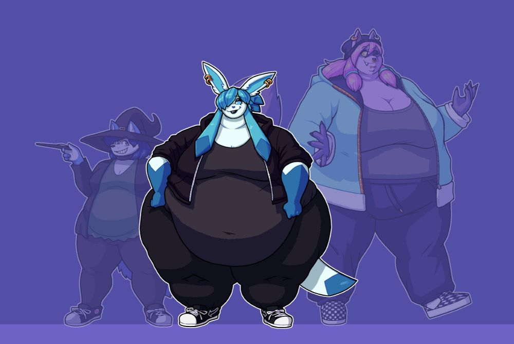 Oliver, a huge and fat Glaceon boy, standing besides a dimmed image of Laura (him belonging to her system) and Maddie (girlfriend of both Laura and Oliver)