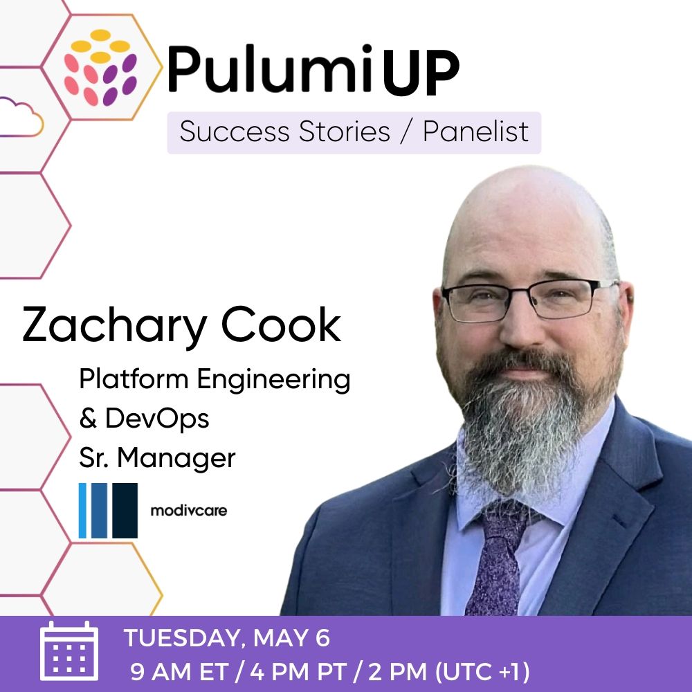 Zachary Cook bio card for speaking about Pulumi and Platform Engineering at PulumiUP 2025.  Tuesday, May 6th, 9AM ET / 4PM PT / 2 PM (UTC +1)