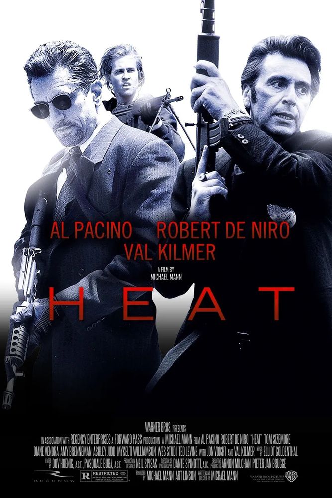 Filmplakat des Films "Heat" - Zu sehen sind Al Pacino, Robert de Niro und Val Kilmer, jeweils mit automatischen Waffen in den Händen.