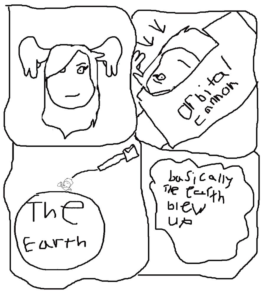 a 4 panel comic. Panel 1 is my head. Panel 2 is my head being loaded into something labeled "Orbital Cannon". Panel 3 is my head being launched at the earth. Panel 2 is an explosion with the text "basically the earth blew up" on it.