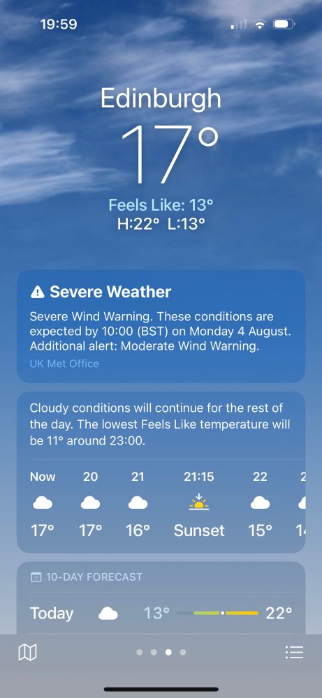 The weather app for Edinburgh, showing severe weather tonight. 