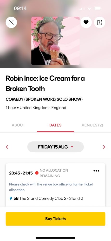 The fringe app listing for Robin Ince’s Edinburgh fringe show Ice Cream for a Broken Tooth, 