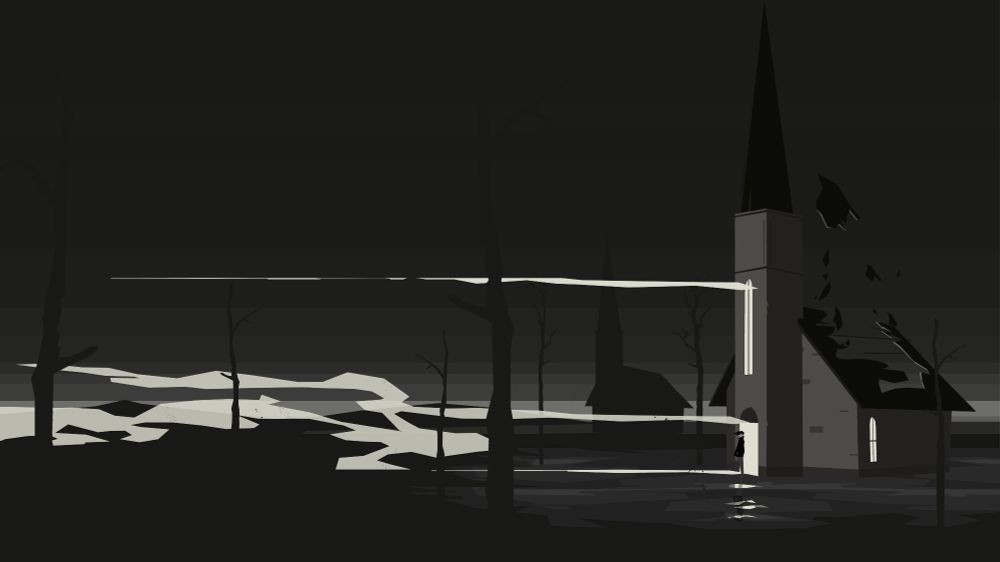 black and white stylised illustration of church with smoking coming from inside