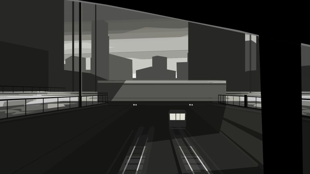 black and white stylised illustration of a train station