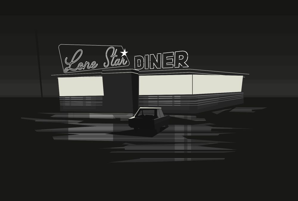 black and white stylised illustration of 'Lone Star Diner'
