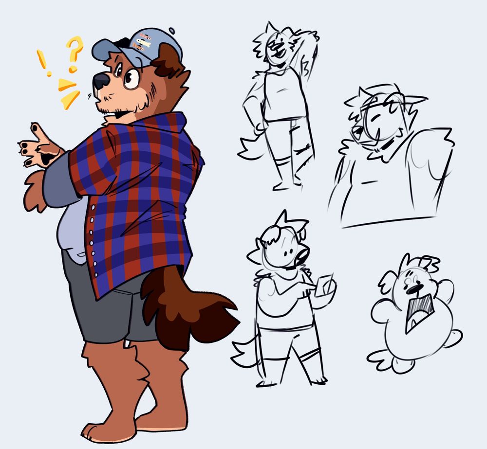 Comet wearing a fish baseball hat, tank top, a red and blue fannel, and some grey shorts
