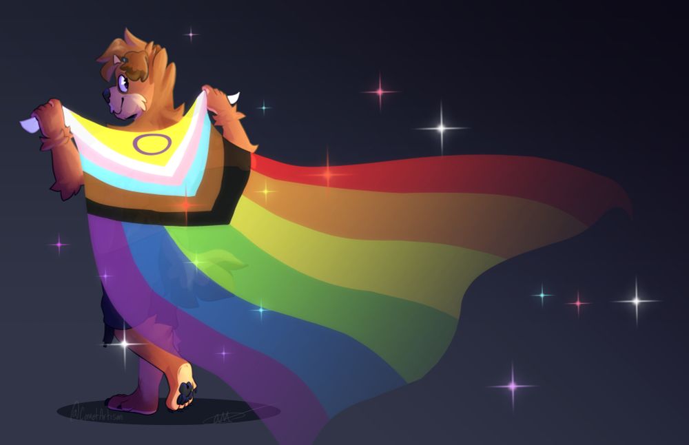 Comet the dog holding an inclusive progressive pride flag flowing behind them 