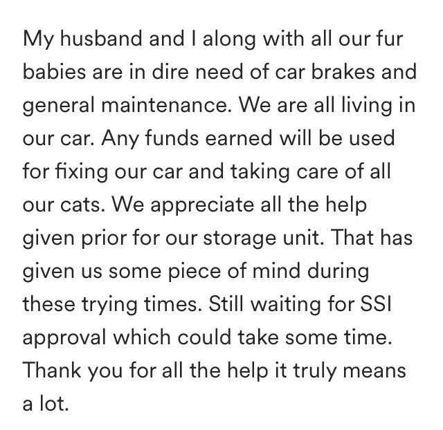 Their latest GFM reads: “My husband and I along with all our fur babies are in dire need of car brakes and general maintenance. We are all living in our car. Any funds earned will be used for fixing our car and taking care of all our cats. We appreciate all the help given prior for our storage unit. That has given us some piece of mind during these trying times. Still waiting for SSI approval which could take some time. Thank you for all the help it truly means a lot.” 