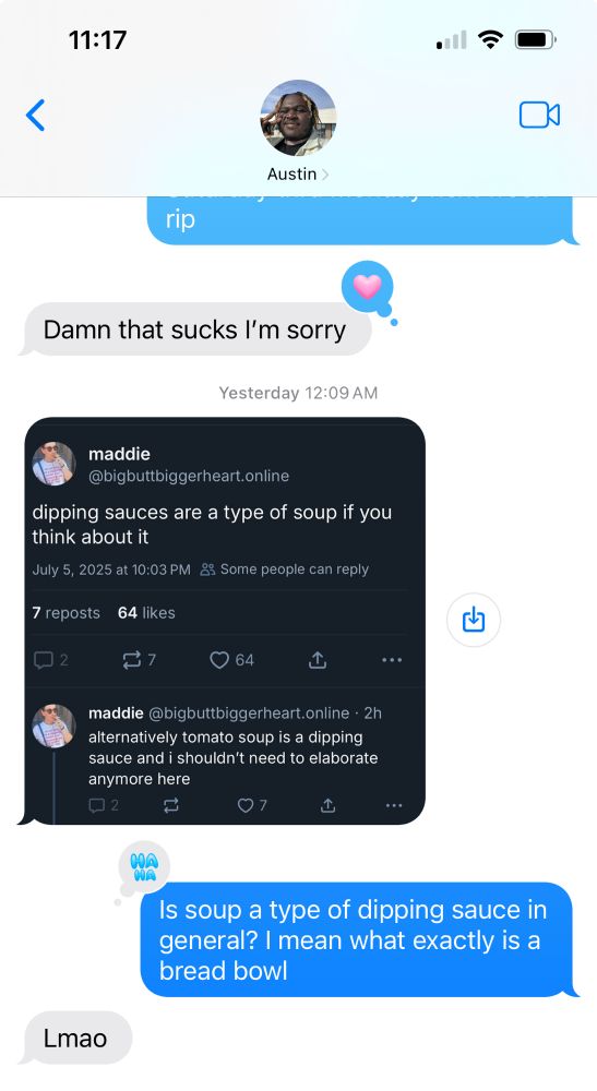 Sunny and Austin exchange text messages, Austin sends a picture that says “dipping sauces are a type of soup if you think about it. alternatively tomato soup is a dipping sauce and I shouldn’t need to elaborate anymore here.” Sunny responds “Is soup a type of dipping sauce in general? I mean what exactly is a bread bowl”. 