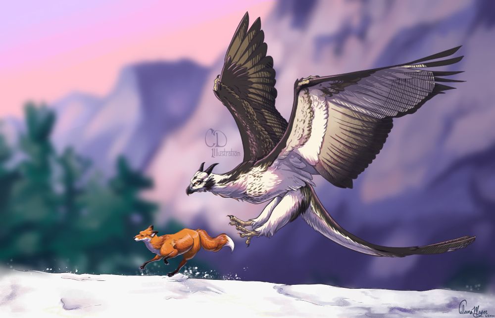 A Feathered dragon colored like an osprey chasing a red fox in a snowy, pink and purple mountain in scene of a hunt. The illustration utilizes depth of field pulling attention straight to the subjects of the dragon and fox in full focus and the surrounding background of a mountain range and forest heavily blurred.