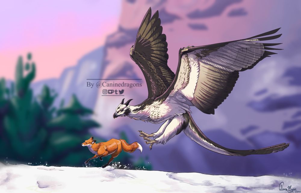 A desperate red fox  running from a raptor dragon moments before its snatch on a snowy moutain side.
