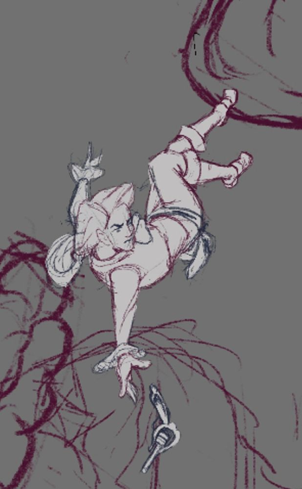A pink and blue sketch of a women with a long ponytail falling and reaching for a revolver below her.
