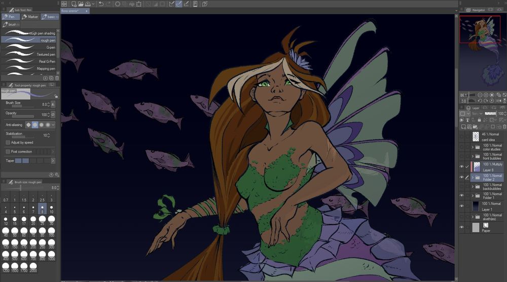 Screen shot of Clip Study Paint showcasing a crop view of a redesign of Flora's Sirenix from winx club as a siren who for design is teased by the navigation window in the top right corner of the work space.