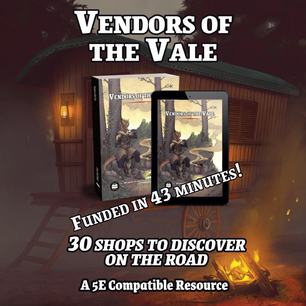 Two books showing the cover art of Vendors of the vale, one on a tablet and one in hardback. The cover art is a kobald sitting at a campfire enjoying a meal