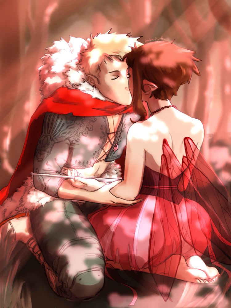 In a deep wood, Barbarian Bakugou and Fairy Uraraka share a gentle kiss as light dapples on them from between tree leaves. He holds her close with cherished hands as she delicately handles the blade of a small sword.