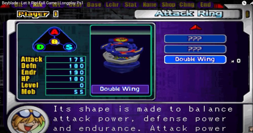 Beyblade customization screen from PS1 Beyblade game. Featuring the GOAT, Dranzer.