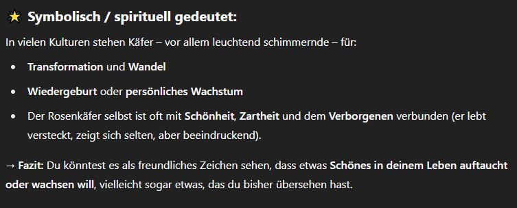 ChatGPT sagt: 
"🌟 Symbolisch / spirituell gedeutet:
In vielen Kulturen stehen Käfer – vor allem leuchtend schimmernde – für:

Transformation und Wandel

Wiedergeburt oder persönliches Wachstum

Der Rosenkäfer selbst ist oft mit Schönheit, Zartheit und dem Verborgenen verbunden (er lebt versteckt, zeigt sich selten, aber beeindruckend).

→ Fazit: Du könntest es als freundliches Zeichen sehen, dass etwas Schönes in deinem Leben auftaucht oder wachsen will, vielleicht sogar etwas, das du bisher übersehen hast."
