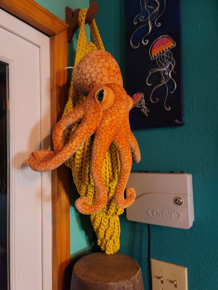 Octopus in hand-crocheted giant seashell