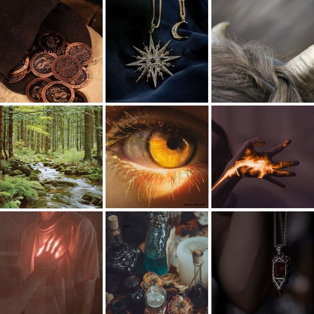 A moodboard describing THE CURSED HEART OF AVACRIUS CROW. Included images of forests, potion bottles, enchanted necklaces, magic, hazel eyes, satyr horns, and coins. 