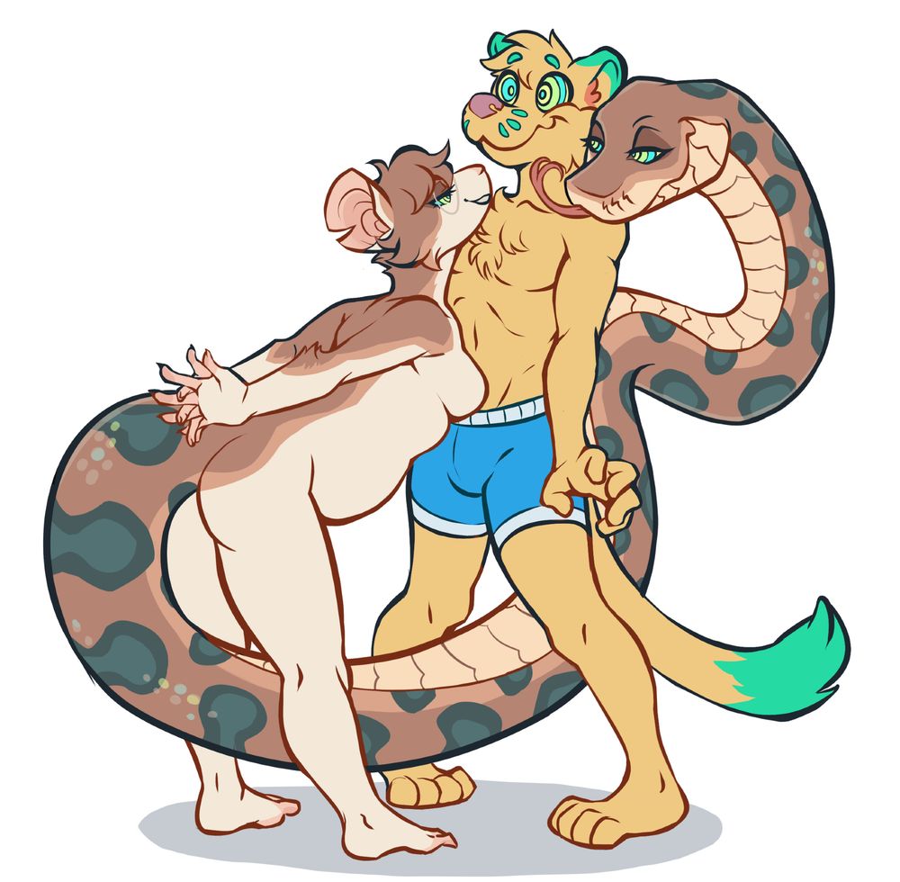 Kamu the fossa in the same position as the previous image but now he is hypnotized, with hypnotic rings in all three characters' eyes.

---

#Kamu #Fossa #Tori #Tali #Mouse #Snake #Python #Chimera #Hypno #Hypnosis #MyCharacters #FurryArt #Furry