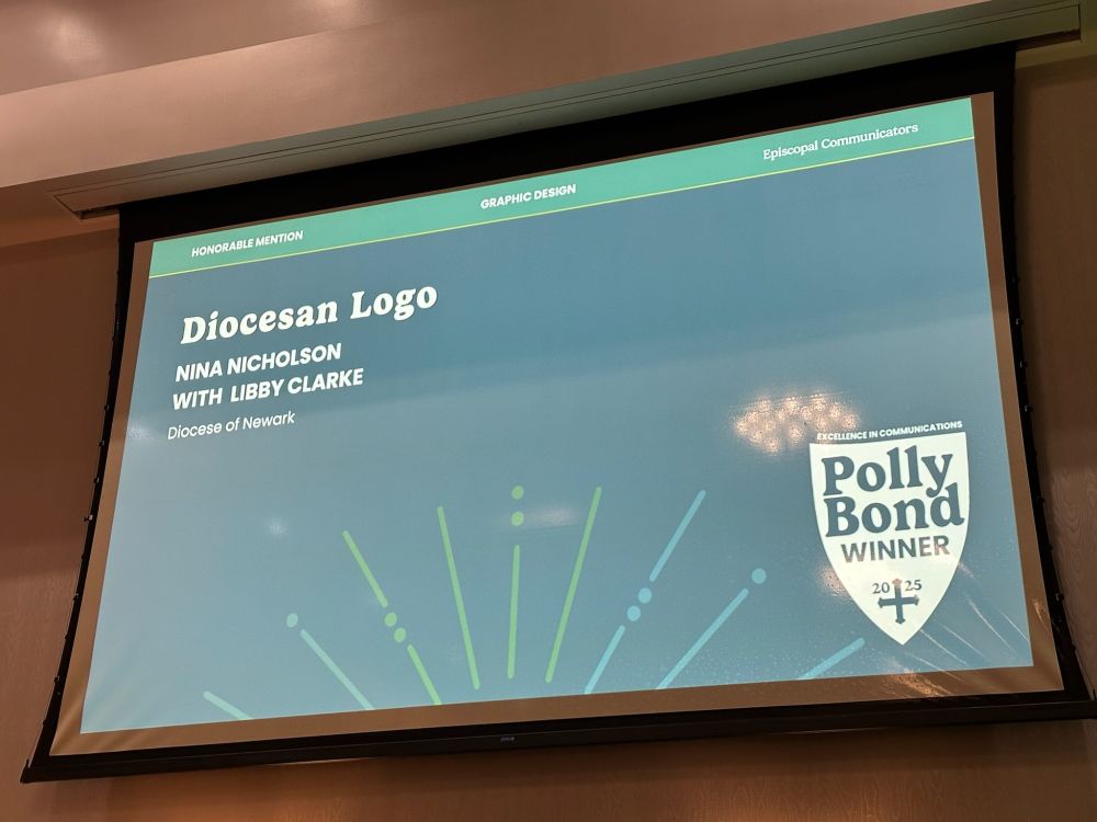 Shot of a powerpoint slide at the Polly Bond Awards for an Honorable Mention for the logo