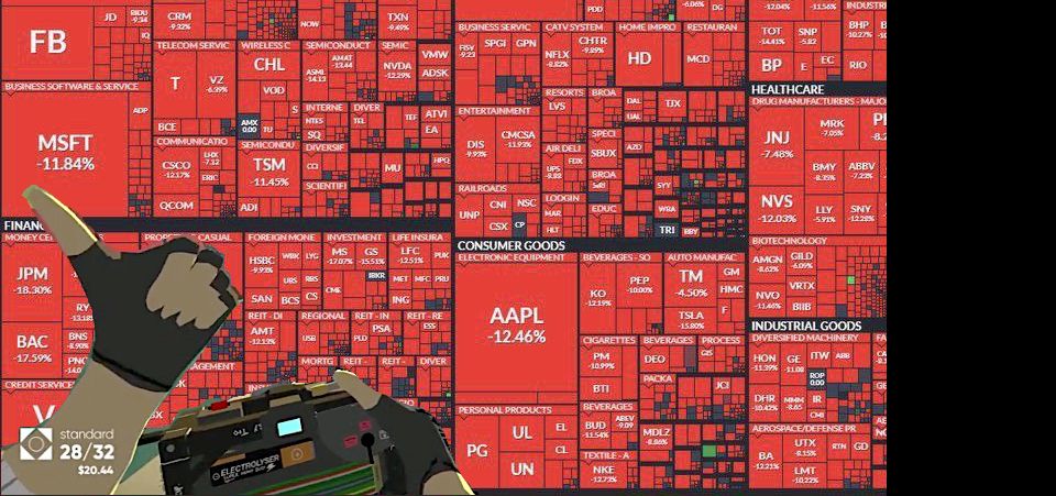 The op image of crashing stocks with superimposed the first person view from veselekov photography game , with the protag hand doing an ok gesture while holding the camera