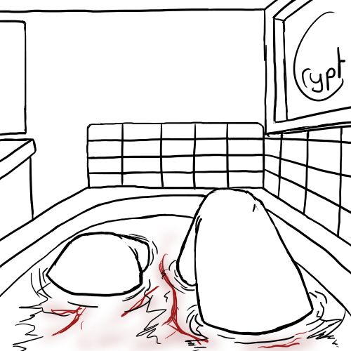 A drawing of legs in a bath tub, bent up with knees out of the water, though the right leg is higher than the left. To the left is a slither of a mirror and basin, while to the right there is a tiled wall beneath a window.