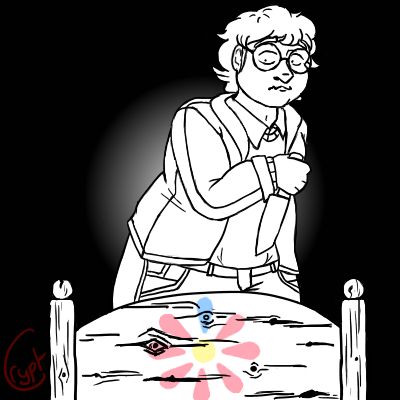 A mostly monochrome drawing of Martin Blackwood, a chubby guy with curly hair and round glasses standing the end of a bed with a knife in hand. On the end board of the bed is a flower, with a yellow center, 7 pink petals, and 1 blue petal at the top. 