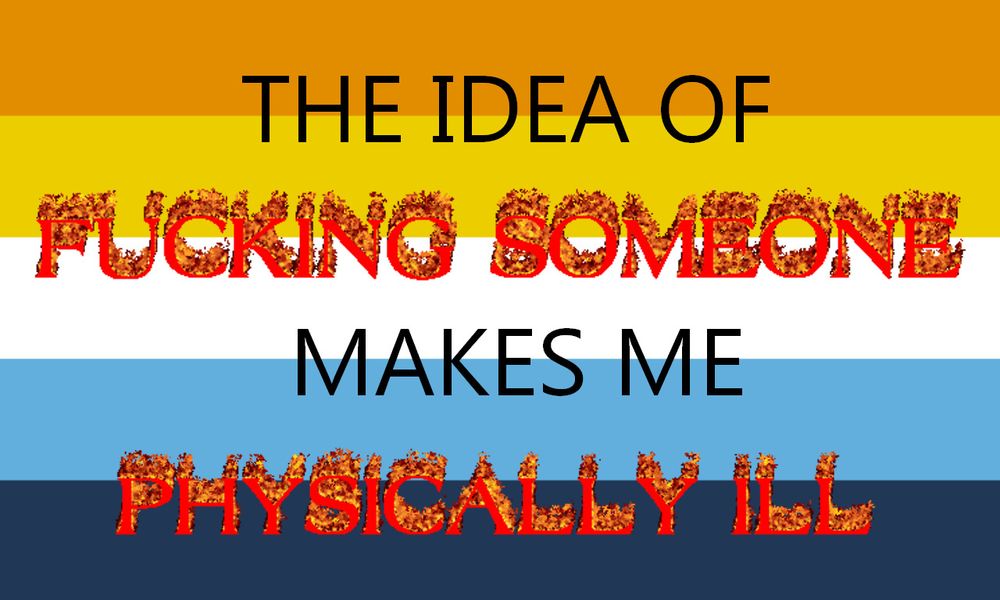 An image of the aroace flag with the text 'THE IDEA OF FUCKING SOMEONE MAKES ME PHYSICALLY ILL' with both 'fucking someone' and 'physically ill' in burning text