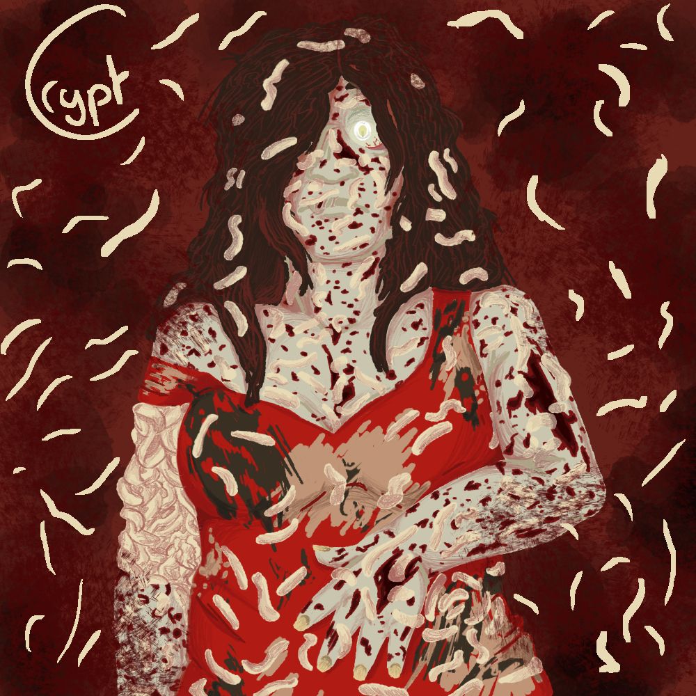 A front-facing drawing of Jane Prentiss from The Magnus Archives. She's a sickly pale woman with messy and knotty brown hair and grey-ish white eyes. She is covered in holes and small upon wounds and crawling with pale worms. She wears a dirty and faded red dress. 