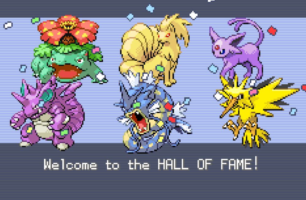 hall of fame do final de pokemon fire red, indicando que a elite dos quatro foi derrotada. em ordem: venusaur (maconha), ninetales (naruta), espeon (kikat), nidoking (orelhudo), gyarados (pintuda) e zapdos (rolinha)