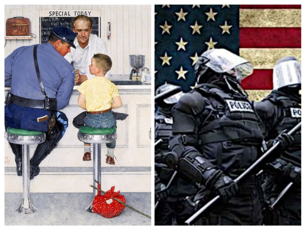 Picture of Norman Rockwell image beside an image of police in riot gear.