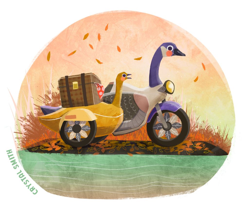 Goose-mobile and her gosling sidecar taking a picnic to the lake. Digital illustration. 