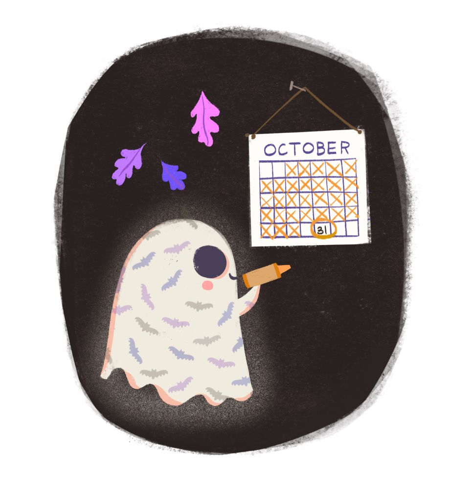Little ghost with crayon marking off calendar month until Oct 31st. Bats on his sheet. Purple leaves.