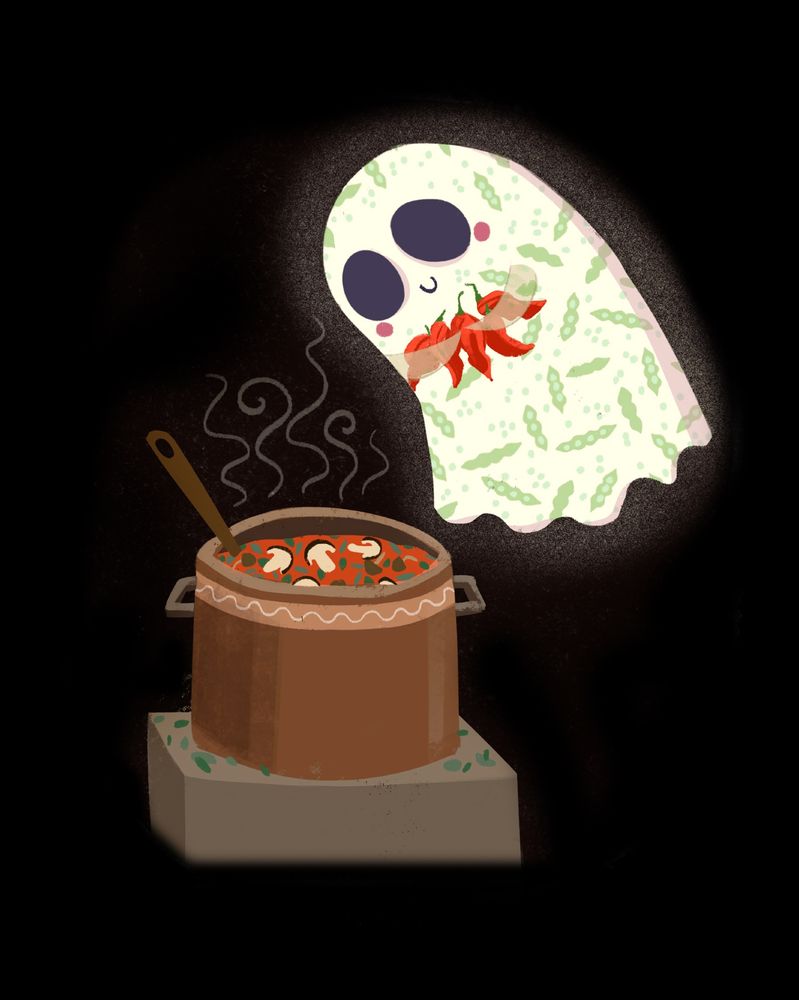 Little ghost (with pea pods on his sheet) holding ghost peppers and putting them into a big pot of soup. 