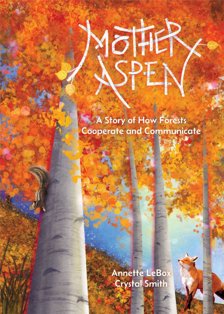 Fall aspen tree with a squirrel and fox. The leaves are bright orange and the tree trunks are white.