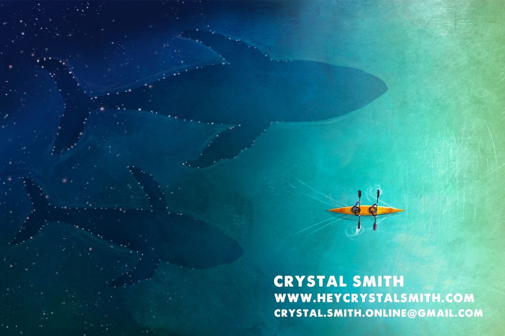 Two whales swimming just under the surface of the water - turquoise and dark blue with the sun shining from the right. A yellow kayak with two people paddling. Stars coming from the left.