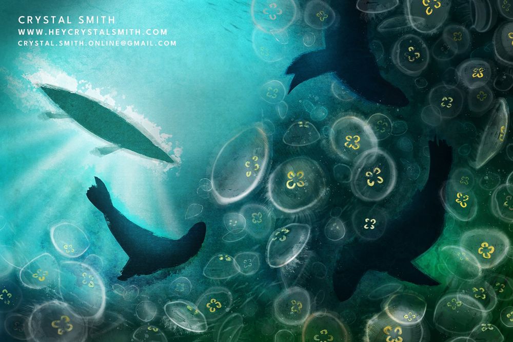 Seals and jellyfish swim under the ocean while a kayak floats above. Turquoise digital illustration for Maybe A Whale.