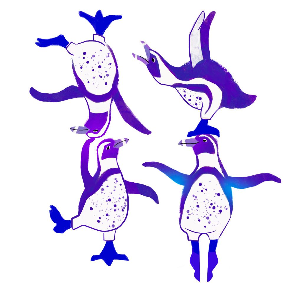 four purple penguins doing acrobatics