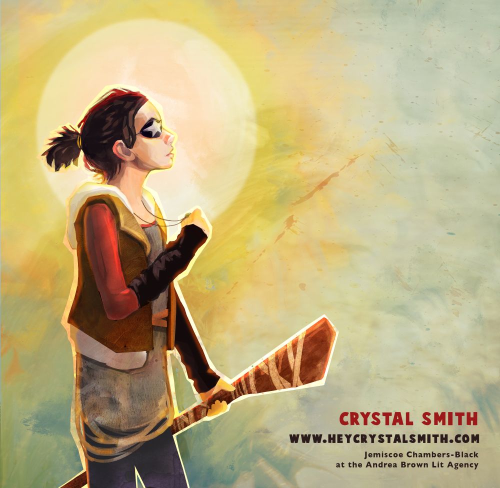 Girl with eyepatch staring at sunset. Illustration. 
