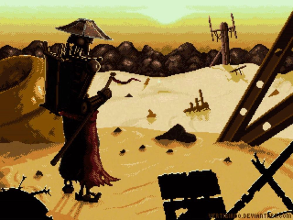 a pixel art of a man holding a sword and shield with the website vertigo.deviantart.com underneath
